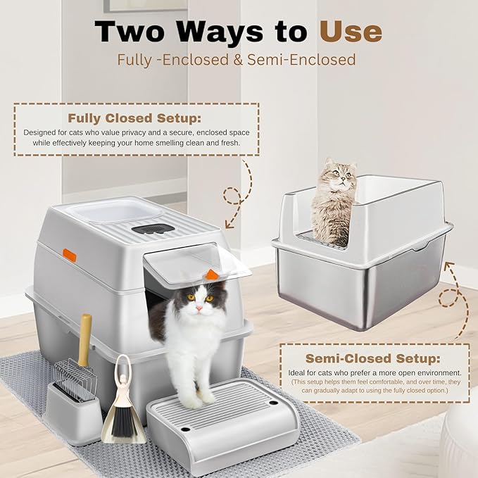 Fully Enclosed XXL Stainlessss Steel Litter Box with Lid, 8" Deep Pan, Large Stainless Steel Cat Litter Box for Big Cat with Scoop, Step Board, Mat, Brush, Odor-Free, Anti-Leak, Non-Stick (Light Gray)