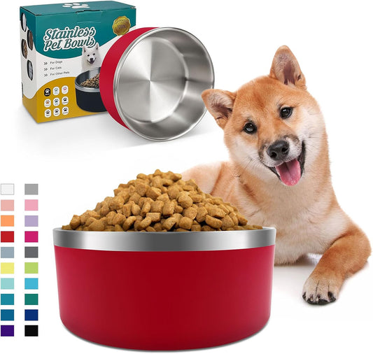 IKITCHEN Dog Bowl for Food and Water, 64 Oz Stainless Steel Pet Feeding Bowl, Durable Non-Skid Double Wall Insulated Heavy Duty with Rubber Bottom for Medium Large Dogs (64 Ounces/8 Cup, Red) - Pet Explorer