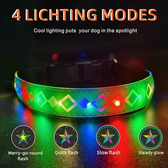 LED Dog Collar with AirTag Holder and Custom ID Tag, 15 Light Modes, Waterproof, Multiple Colors (Green Pro, L(15.7-19.7"))