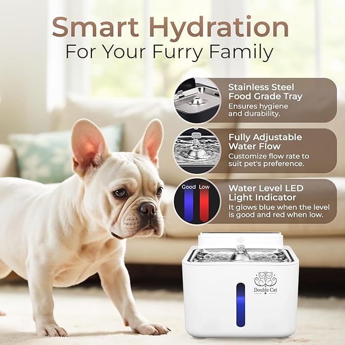 Double Cat™ Dog and Cat Water Fountain, Automatic, 108oz/3.2L, Smart Pet Detection, Wireless, Quiet Operation, LED Light Indicators and Multi-Layer Filtration – Fresh, Clean Hydration!