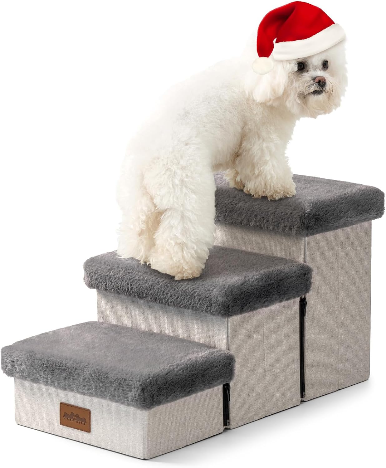 Dog Stair for Small Dogs with Storage, Foldable Pet Step with Soft Cover, Older Cat Ramp for Chair Couch Sofa, Lightweight, Durable, Comfort, 24.8x13x13.6 inch, 3 Tiers, Grey - Pet Explorer