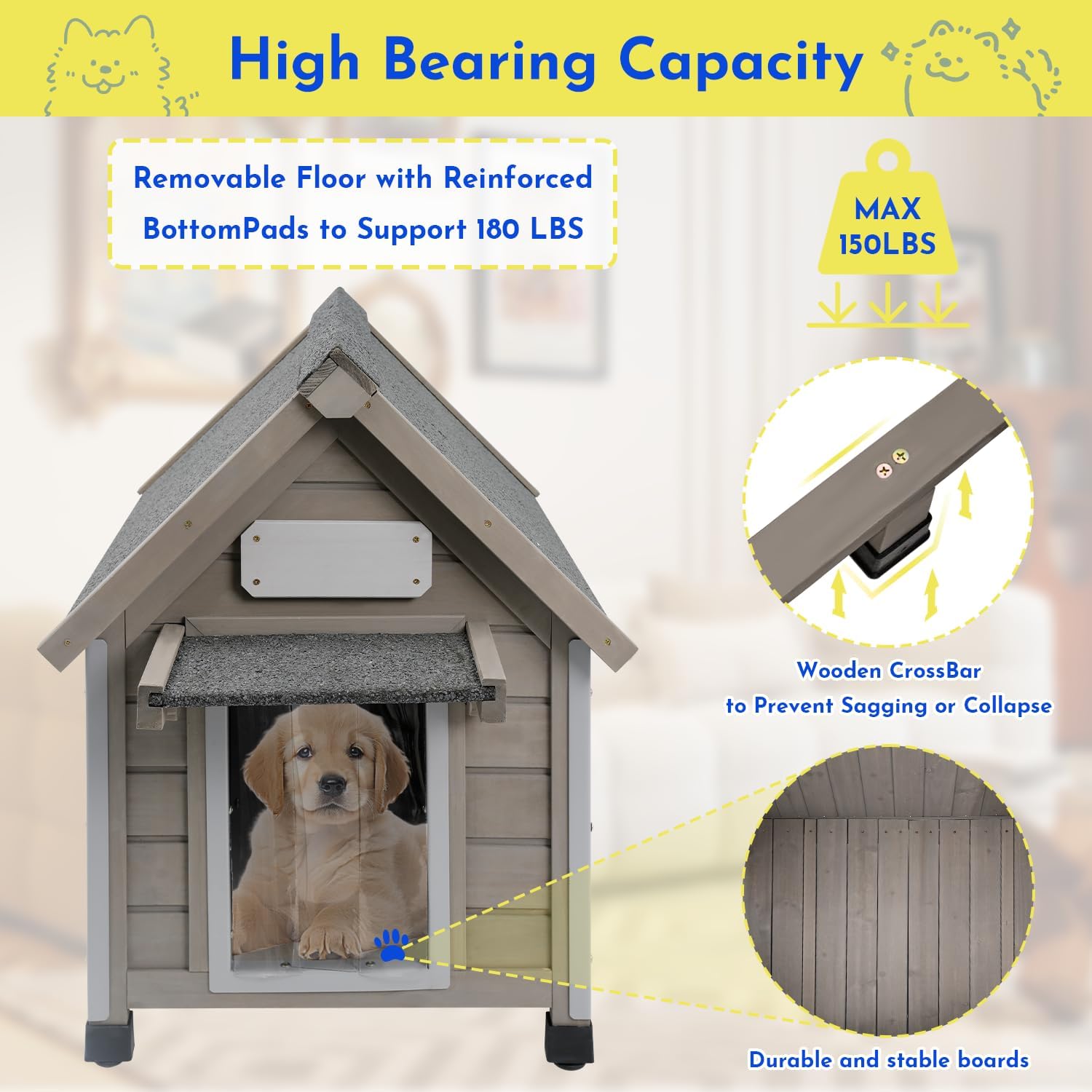 Outdoor Dog House Weatherproof Large Wooden Dog Kennel Indoor for Small Dogs with Chew-Proof Frame, Oxford Fabric Window, Removable Floor Pet Shelter (Grey, 18.1" D x 25.2" W x 24" H) - Pet Explorer