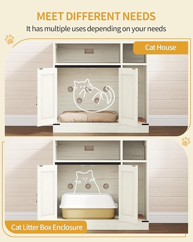 Cat Litter Box Enclosure, Hidden Litter Box Furniture with Storage, Wooden Cat Cabinet with Scratch Pad, Farmhouse Cats House, TV Stand End Table, Rustic Brown and White CB87514X
