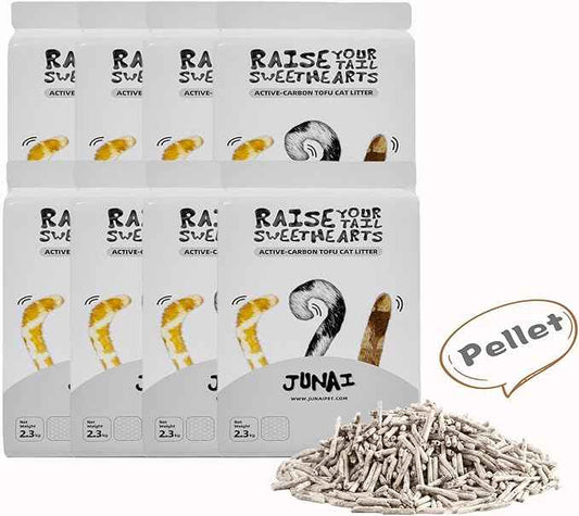JUNAI Tofu Cat Litter 8 Packs(2.3kg x 8), Active-Carbon Natural Clumping Cat Litter Pellet flushable Biodegradable Kitty Litter, Good for All cat Litter Box, Lightweight dust Free and Odor Control