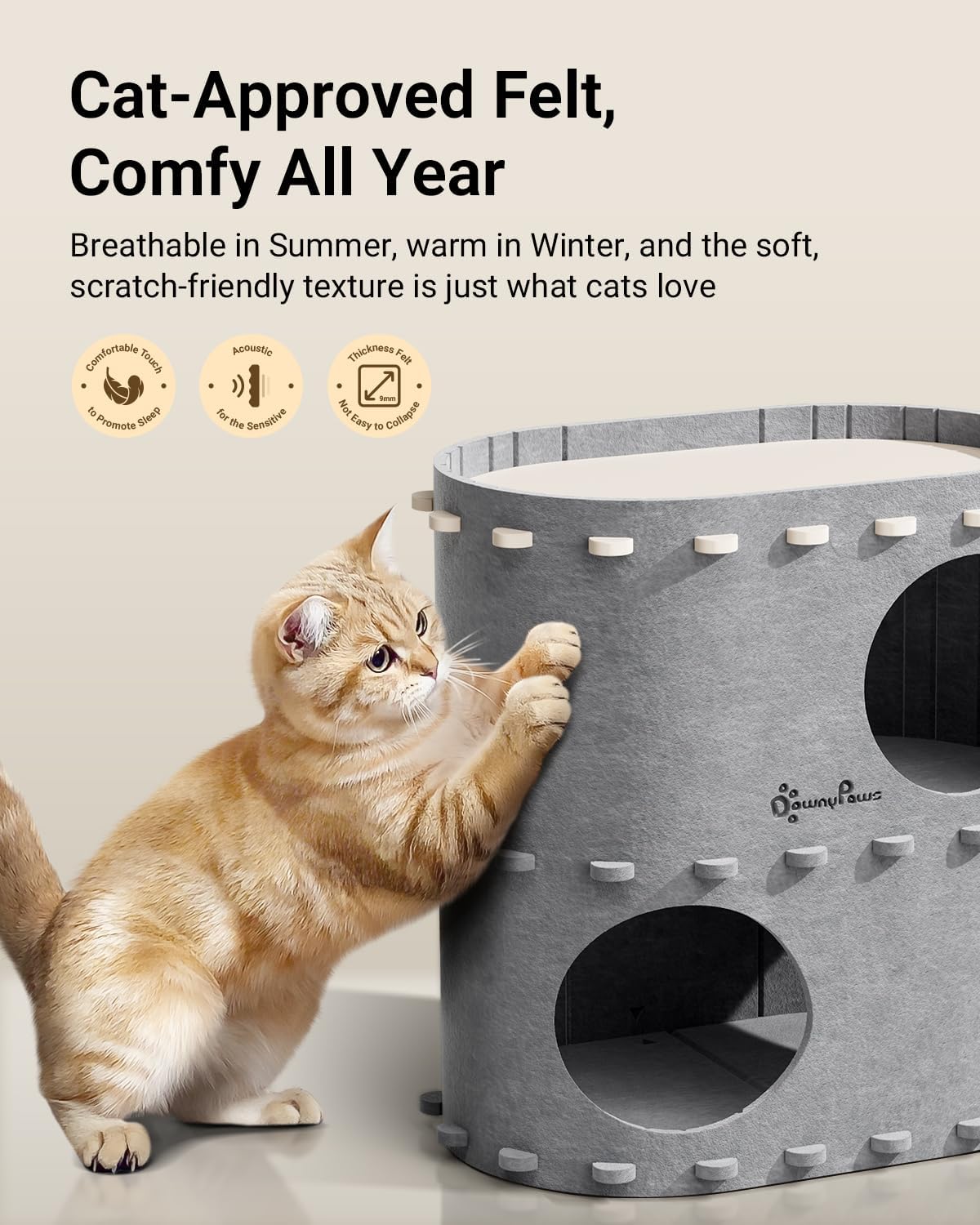 DownyPaws Cat House for Indoor Cats, 2-Storey Foldable Cat Bed Cave, Felt Cats Tunnel Bed Condo, Castle Kitten Cube Hideaway for Multicats, Scratch Resistant, Light Gray - Pet Explorer