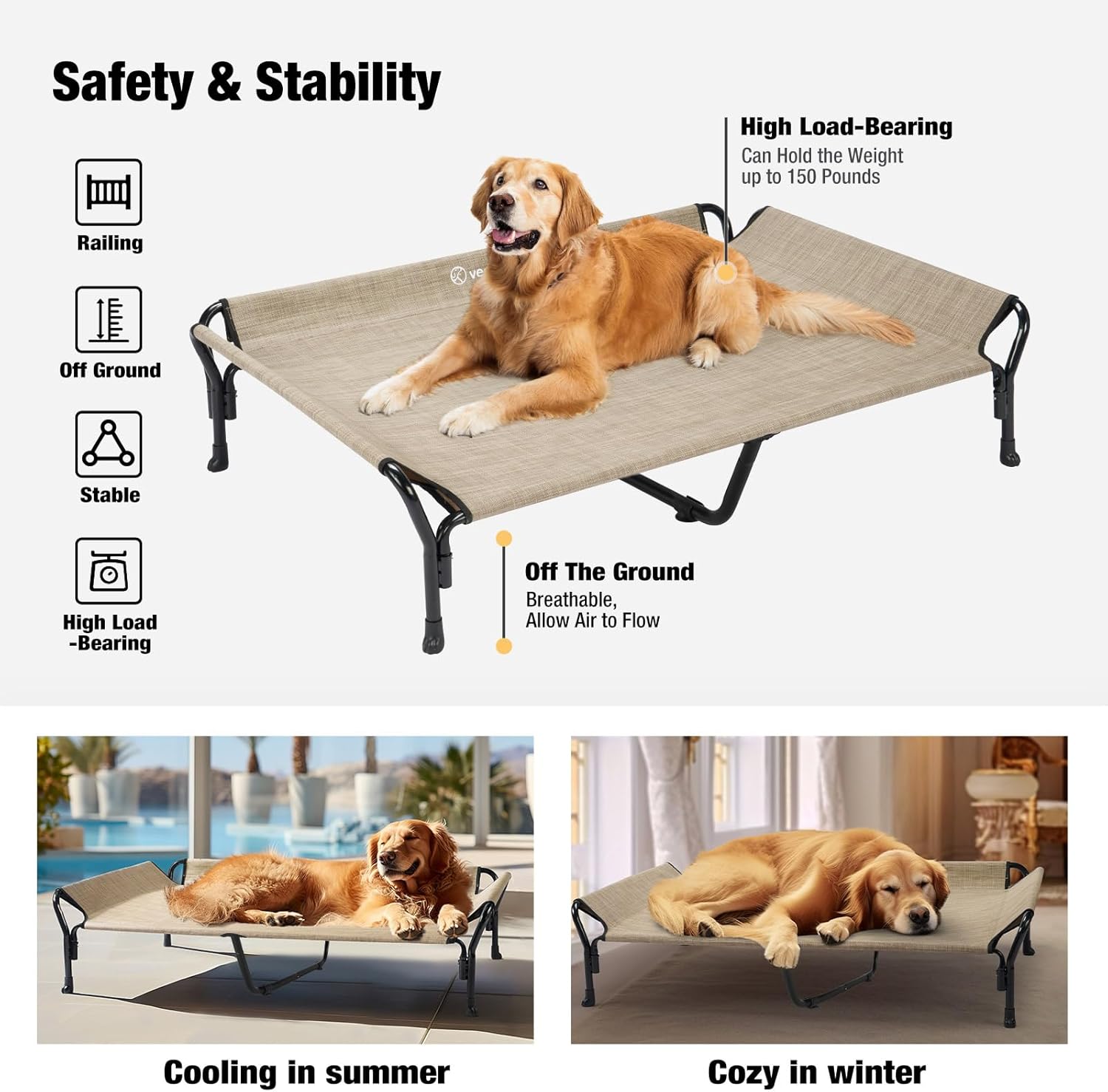 Veehoo Cooling Elevated Dog Bed, XL Raised Pet Cot with Guardrail & Slope Headrest, Durable Breathable Teslin Mesh, Non-Slip Feet, Washable Dog Couch Bed for Indoor & Outdoor, 50.5" x 33.5", Beige - Pet Explorer
