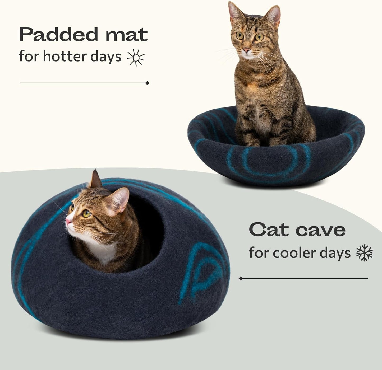 MEOWFIA Cat Cave – Premium Felt Cat Bed for Indoor Cats, Handmade 100% Merino Wool (Medium, Black Aqua) - Pet Explorer