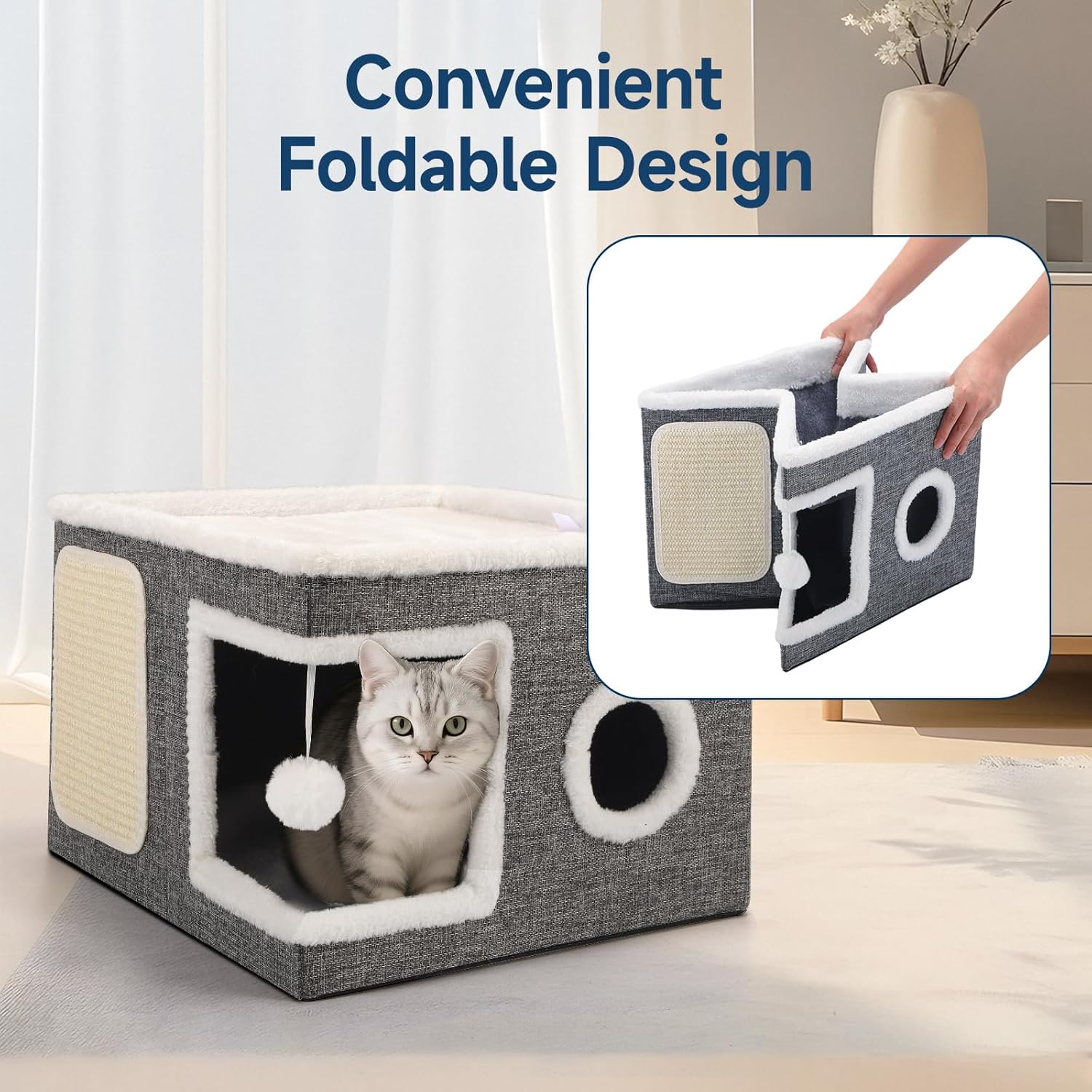 Cat Beds for Indoor Cats, Large Cat Cave with Cozy Condo, Fluffy Hanging Ball, Round Window, Foldable Indoor Cat House Hold Up to 30LBS, Cat Hideaway with Double-Sided Soft Cushions for All Seasons - Pet Explorer