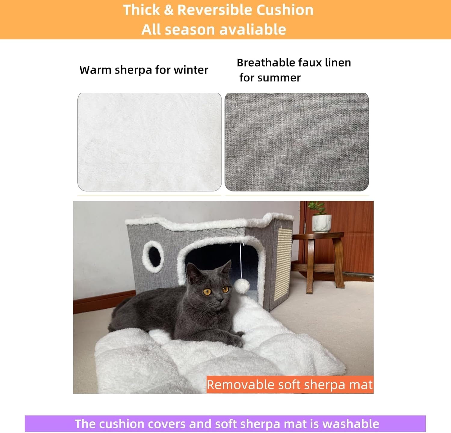 Cat Bed for Indoor Cats,Covered Cat Cave House & Furniture with Scratch Pad,Foldable Cat Hideaway Hut Cute Cat Condo with Soft Washable Mat for Multi Small Pet Under 30 lbs,Light Grey - Pet Explorer