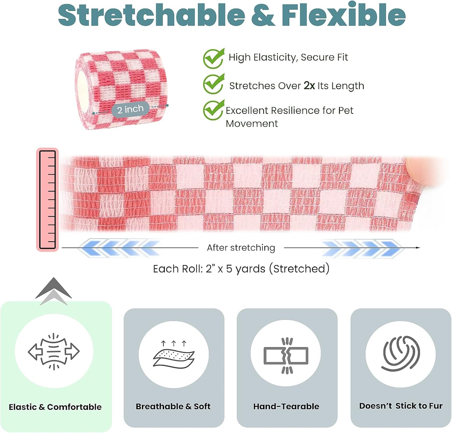 Pet Bandage 6 Rolls, Adhesive Bandage, Self Adhesive Bandage, First Aid Adhesive Gauze, for Horses, Dogs,Cats, Birds, Animals (Checkered, 2 Inch (Pack of 6)) - Pet Explorer