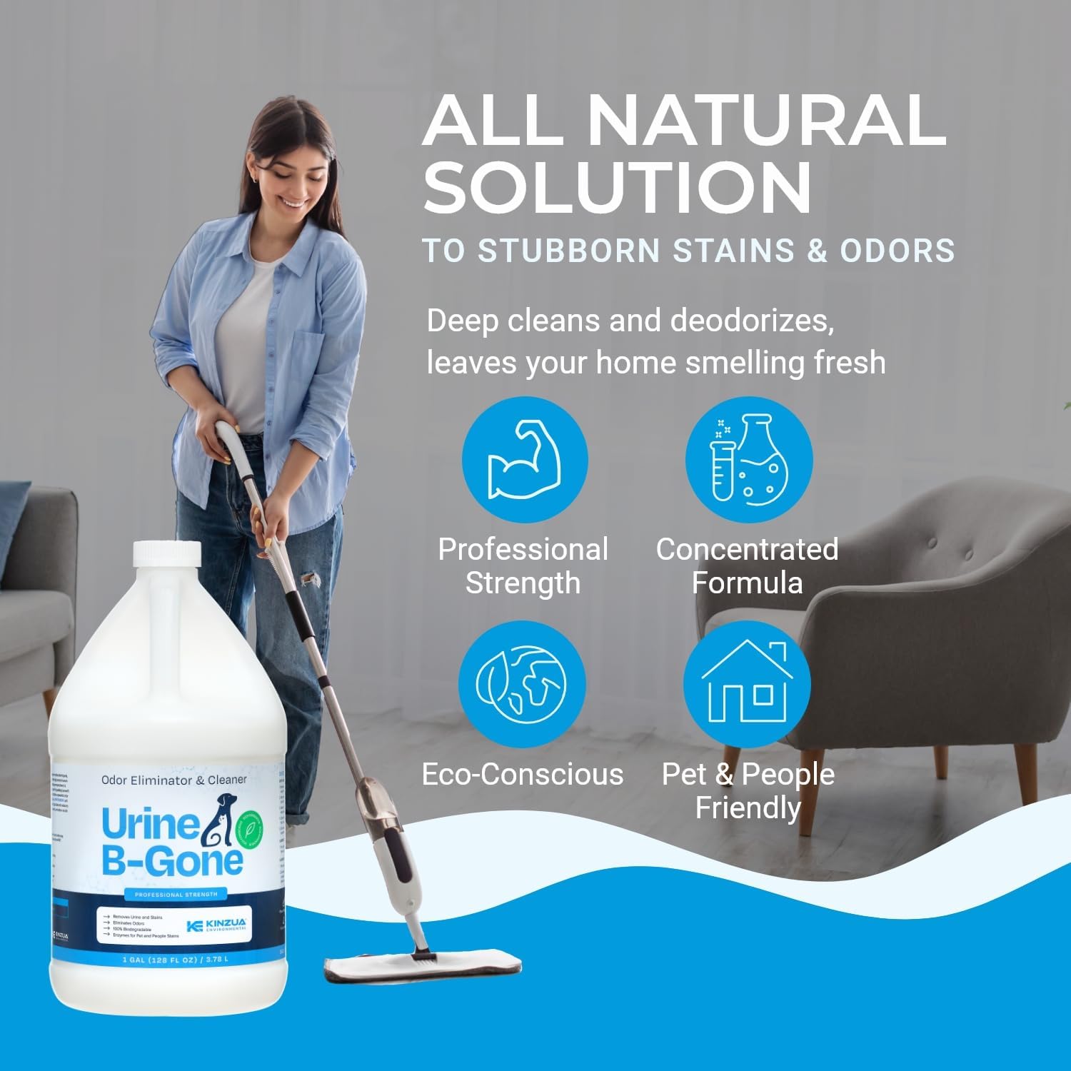 KINZUA ENVIRONMENTAL Urine B-Gone, Professional Enzyme Odor Eliminator & Pet Stain Remover, Human, Cat & Dog Urine Cleaner, Effective on Laundry, Carpets & More, Original Scent, 1 Gallon - Pet Explorer