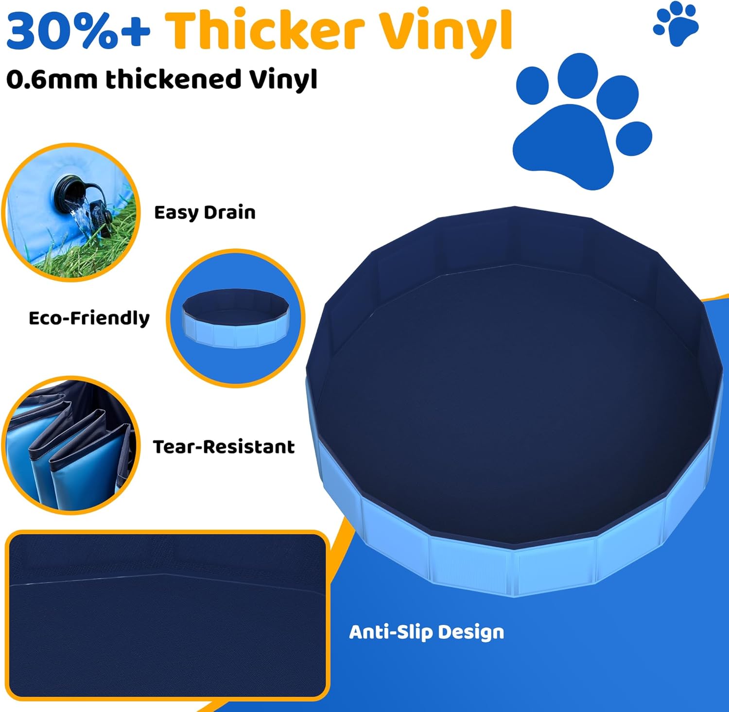 39.5" x 12" Foldable Dog Pool - Collapsible Hard Plastic Kiddie Pool for Dogs & Kids, Non-Slip Pet Bath Tub for Outdoor Backyard Use, Lightweight & Portable (Blue) - Pet Explorer
