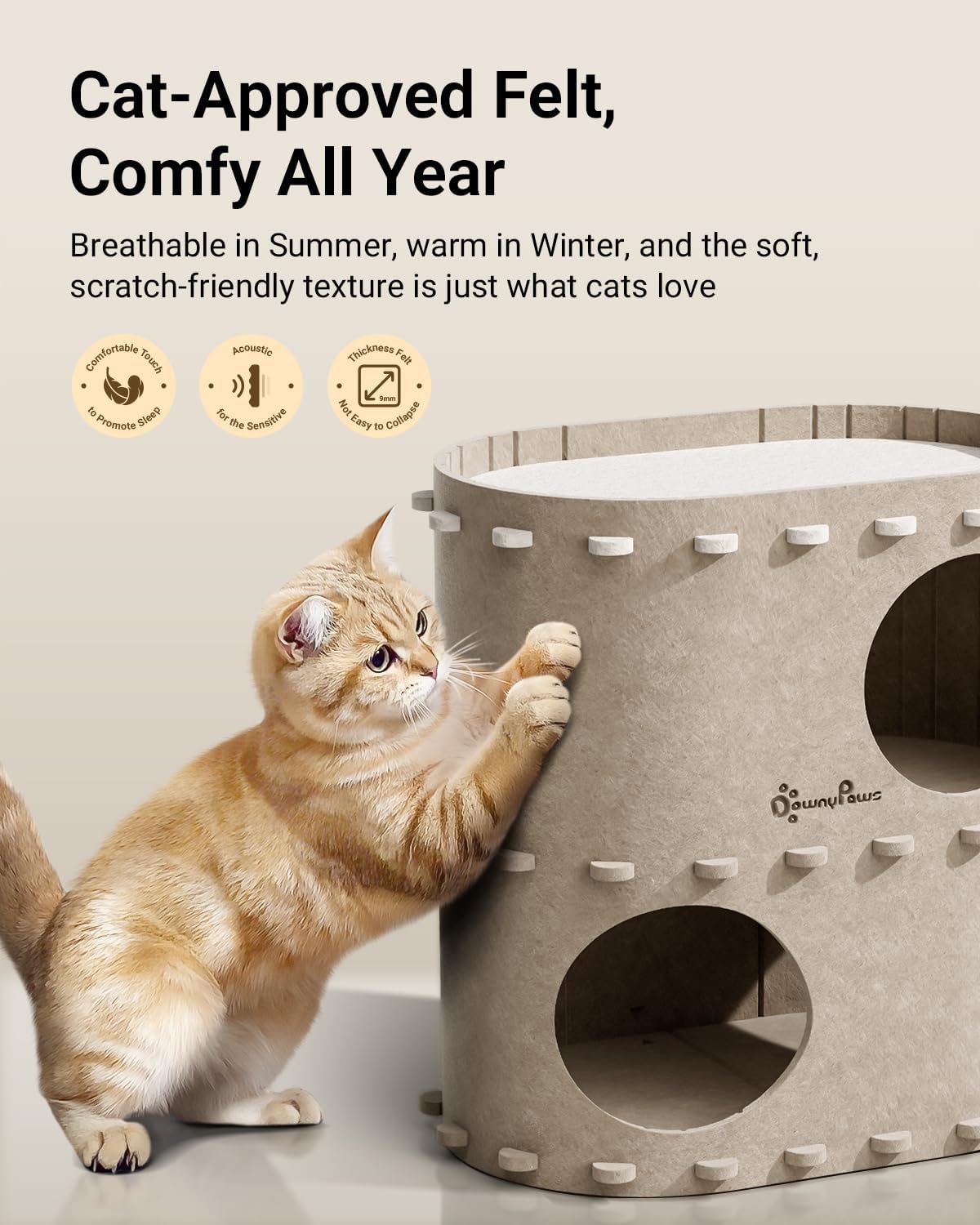 DownyPaws Cat House for Indoor Cats, 2-Storey Foldable Cat Bed Cave, Felt Cats Tunnel Bed Condo, Castle Kitten Cube Hideaway for Multicats, Scratch Resistant, Cream - Pet Explorer