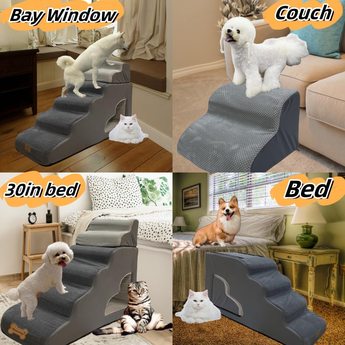 dog stairs for small dogs to 30 inches high beds, 6 step dog ramp stair for 18-36 inches couch-bed,pet stairs for small old meduim large dogs cats,Non-Slip balanced 6 tiers ladder,75 pounds Studry 33D - Pet Explorer