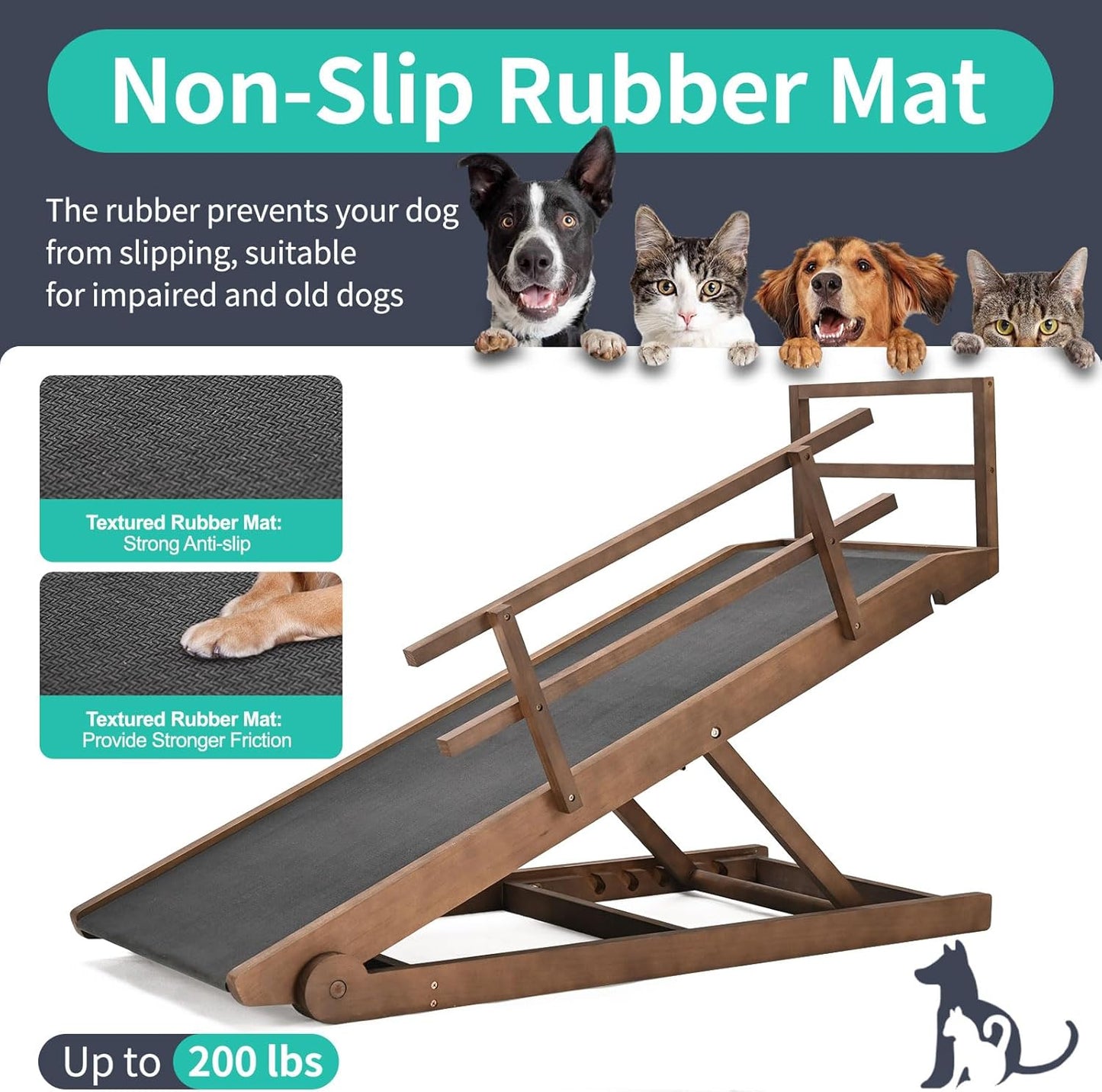 Dog Ramp, 5 Level Adjustable Wooden Folding Pet Ramp for Middle Bed, Couch,SUV-High Traction, Portable Paw Ramps for Small & Large Old Dogs & Cats - Furniture Quality - Pet Explorer