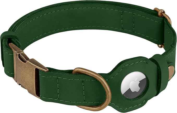 AirTag Dog Collar - Genuine Leather Dog Collar with Apple AirTag Holder and Metal Buckle - Smart GPS Tracking Pet Collars (Dark Green, L, 17"-21" Neck Fit)