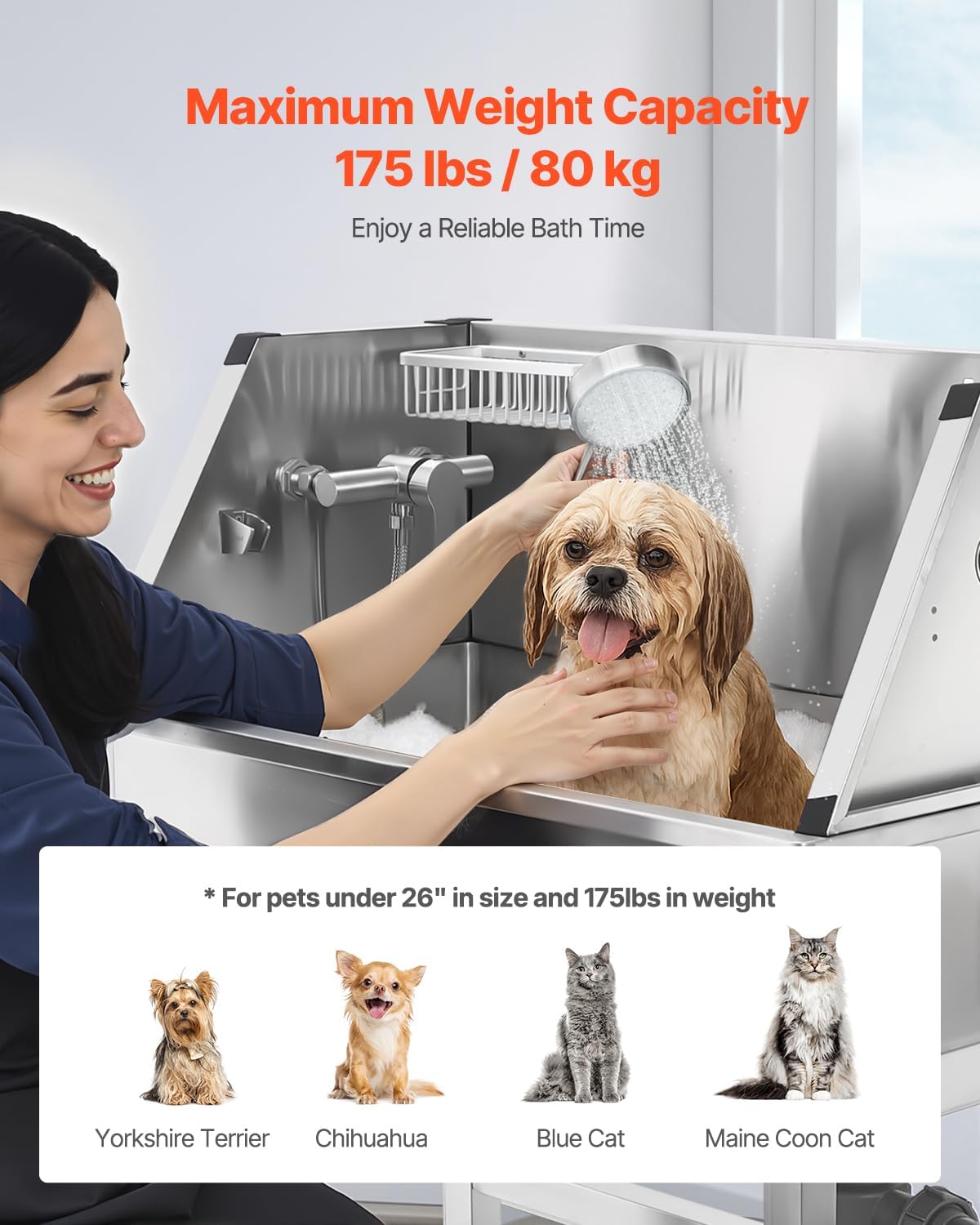 VEVOR Stainless Steel Dog Washing Station, 34 inch Pet Grooming Tub w/Faucet & Showerhead & Soap Holder & Play Balls Simple Dog Bathtub for Multiple Pets, Home Washing Sink - Pet Explorer