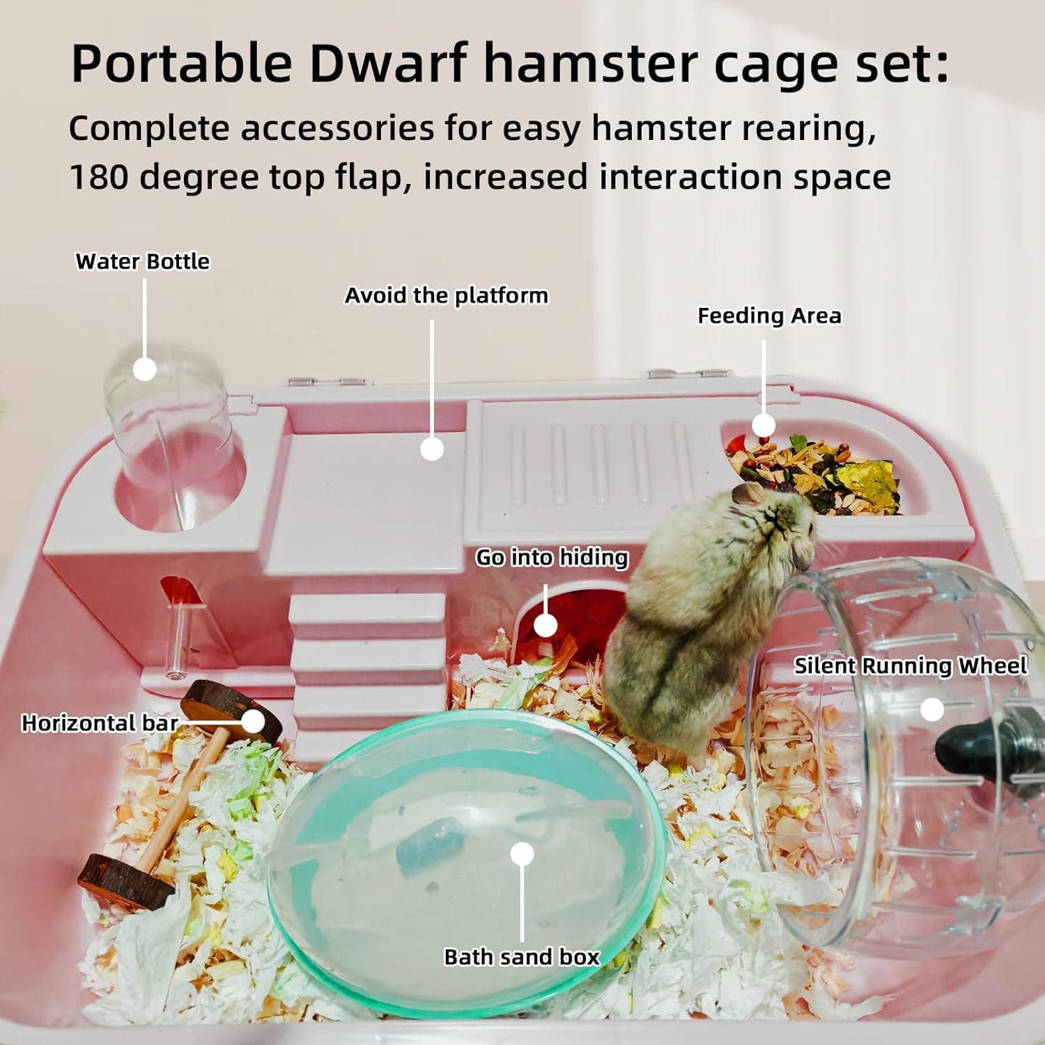 Hamiledyi Small Hamster Cage Clear Plastic Hamster Cage Portable Carrier with Water Bottle Exercise Wheel Bathtub Box Set Toy for Dwarf Baby Hamster (Pink) - Pet Explorer