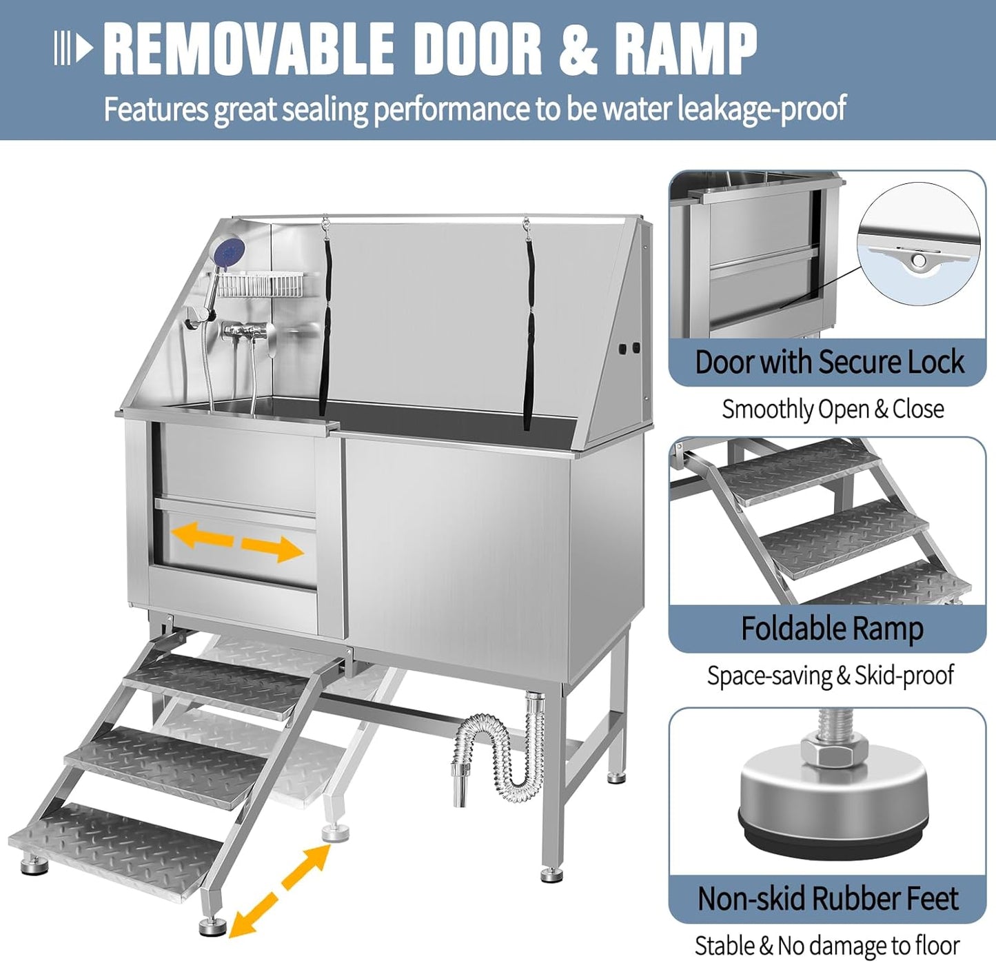 50" Dog Washing Station, Professional Stainless Steel Dog Bathing Station, Equipped/W Three Anti-Slip Steps, Removable Door, Upgraded Spray Nozzle&Hose - for Home, Pet Grooming Salon (50" Left ramp) - Pet Explorer