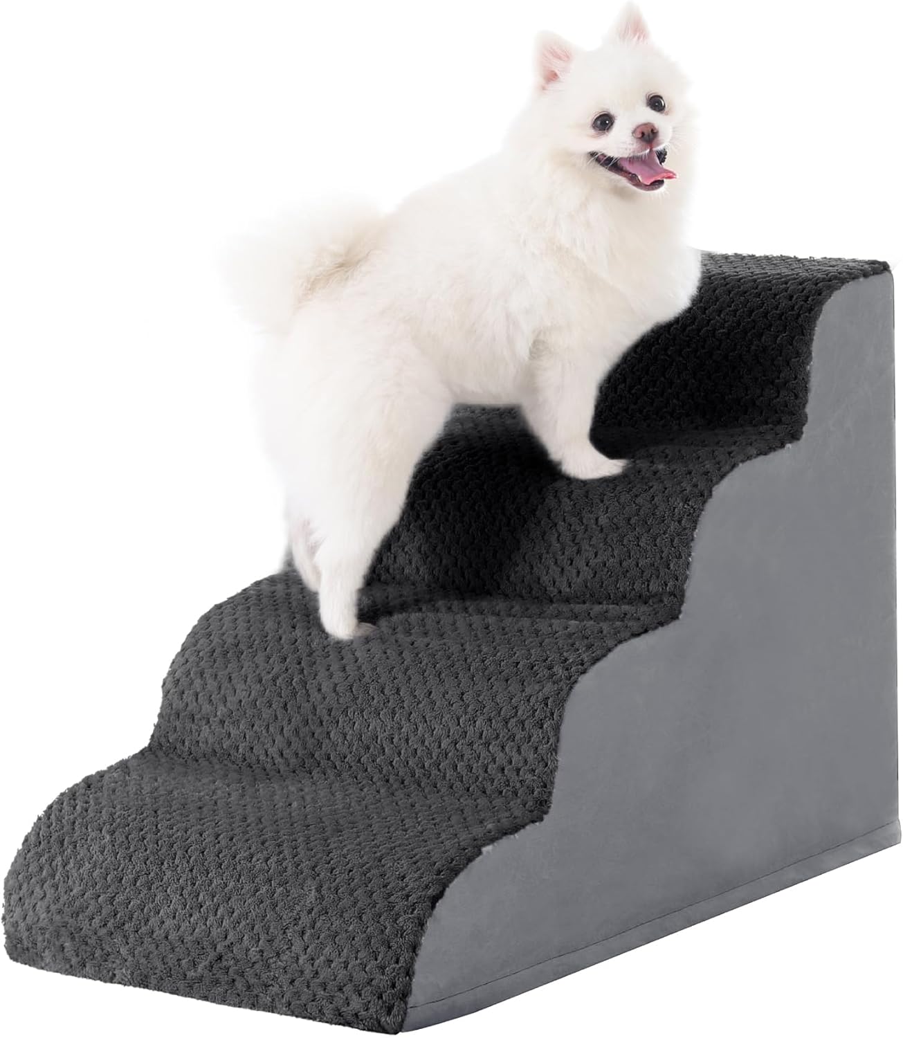 MIHIKK Dog Stairs Ramp, Curved 4-Step Dog Steps for Small Dogs and Cats, Pet Stairs for High Beds and Couch with Anti-Slip Washable Cover and Durable High Density Foam, Dark Grey - Pet Explorer