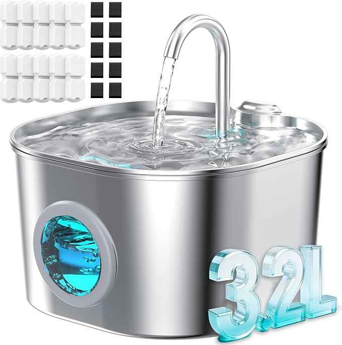 Stainless Steel Cat Water Fountain: 108oz/3.2L Pet Water Fountains Cat Watering Fountain Indoor Automatic Waterer Dispenser for Drinking Small Dogs Water Bowl Metal Kitty Faucet Watering Supplies