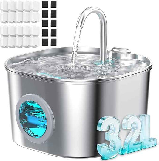 Stainless Steel Cat Water Fountain: 108oz/3.2L Pet Water Fountains Cat Watering Fountain Indoor Automatic Waterer Dispenser for Drinking Small Dogs Water Bowl Metal Kitty Faucet Watering Supplies