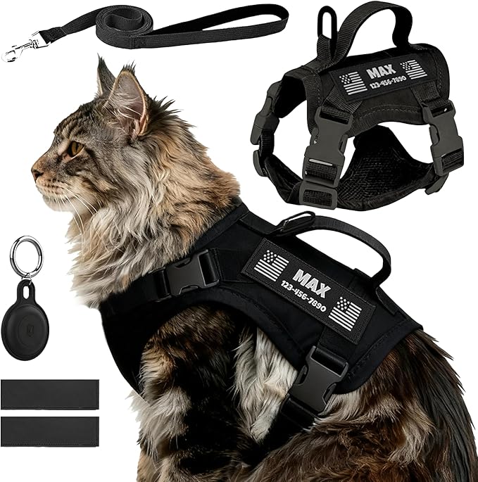 Custom Black Tactical Cat Harness and Leash Escape Proof Adjustable Vest with Reflective Strips and Personalized Patch Soft Breathable Outdoor Gear for Walking Training Fits Cats 7-12 lbs