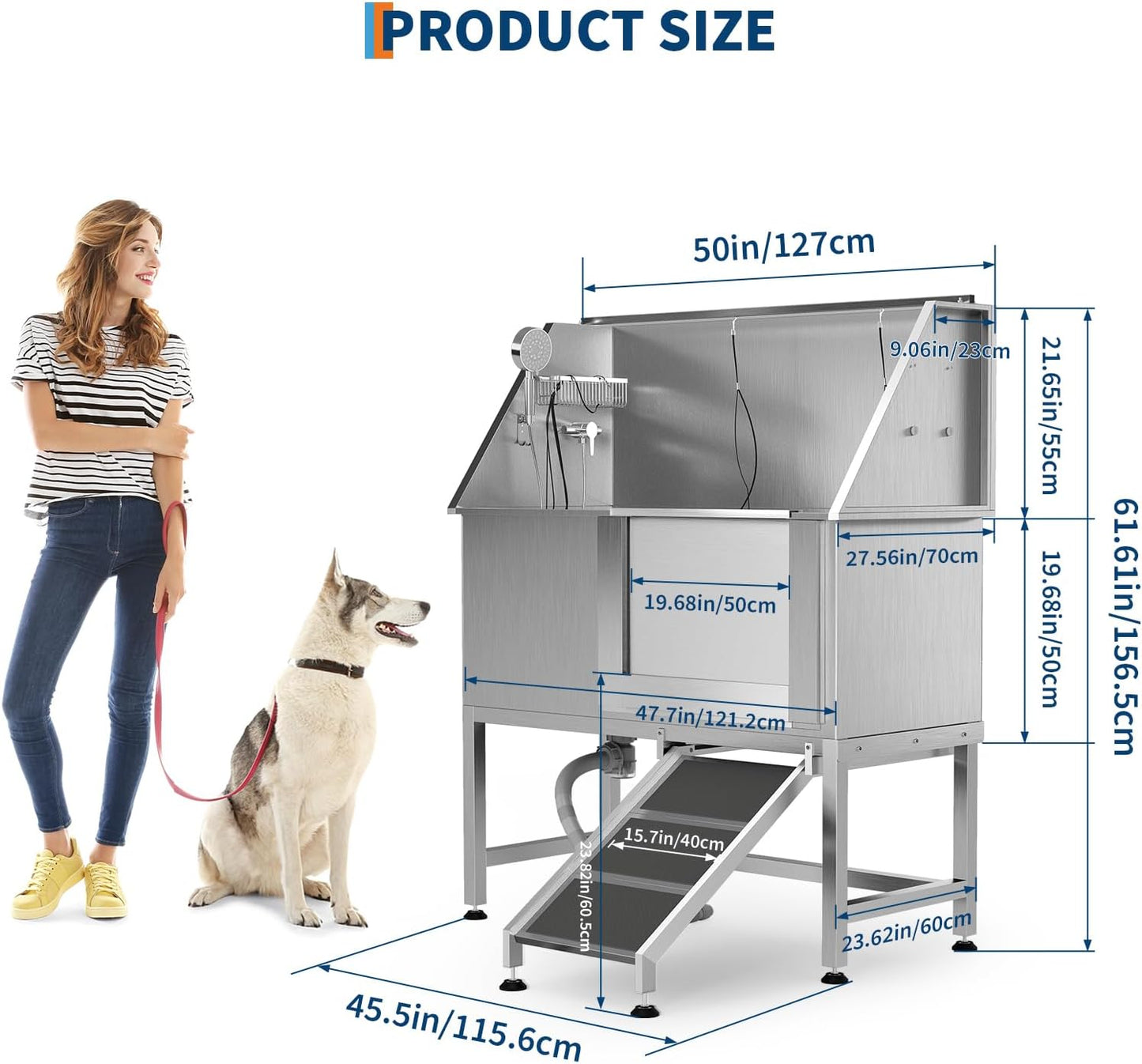 50" Stainless Steel Professional Dog Washing Station - Pet Bathing Tub w/Non-Slip Ramps | Slip-Resistant Floor Grate | for Large/Medium/Small Dogs - Pet Explorer