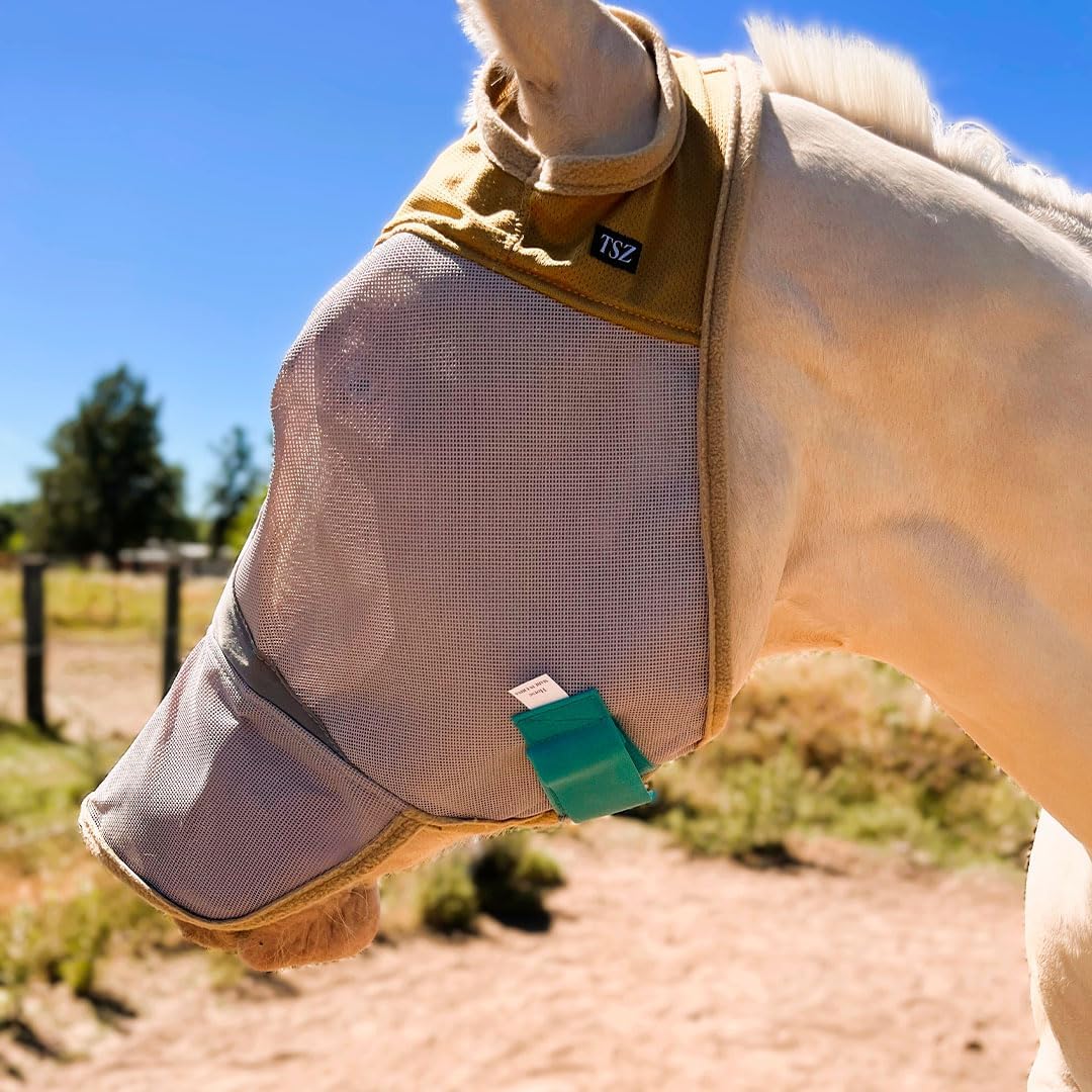 Fly Masks for Horses, 70% Uv-Block, Breathable Fly Mask for Equines, Durable, Comfortable Fit for All-Day Protection, Horse Size (Horse Fly Mask, with Nose)