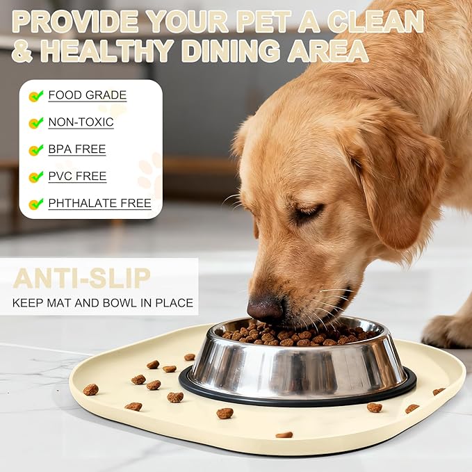 Small Silicone Pet Food Mat with Raised Edge for Food and Water Bowl, Square Dog Feeding Mats, Cat Food Trays for Floor Waterproof, Rubber Tray for Dogs and Cats, 12 x 12 x0.7 White Sand (Yellow Cast)