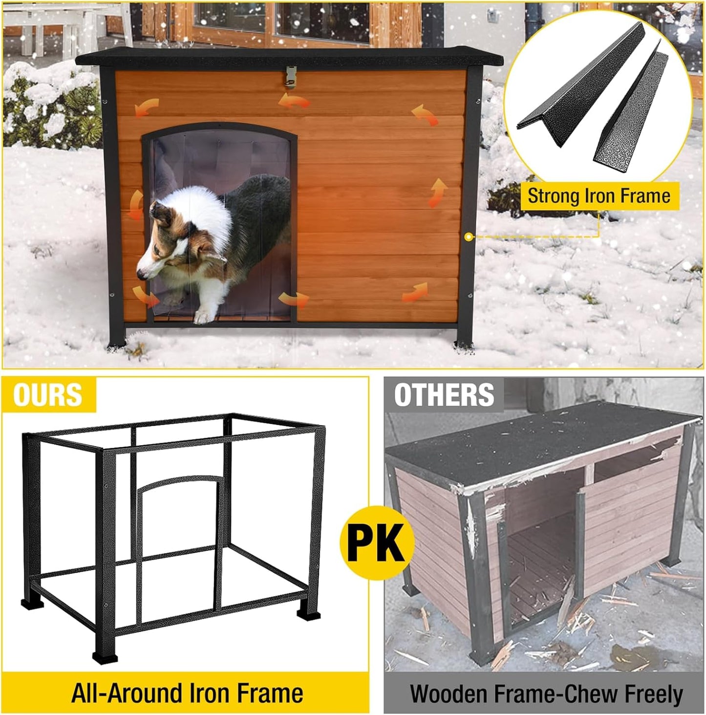 Insulated Outdoor Dog House with Liner for Winter Wooden Dog Kennel with All-Around Iron Frame,Waterproof - Pet Explorer