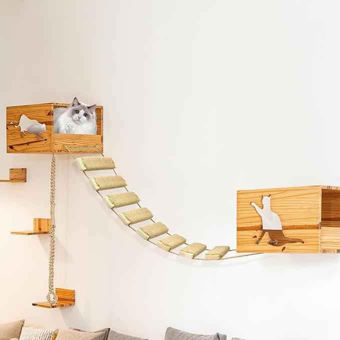 Multi-Functional Cat Ladder & Bridge - Sisal Rope Climbing Frame Wall Furniture for Indoor/Outdoor Cats, Cage Accessories, Parrots, Small Pets (Wood Tone - 40in)