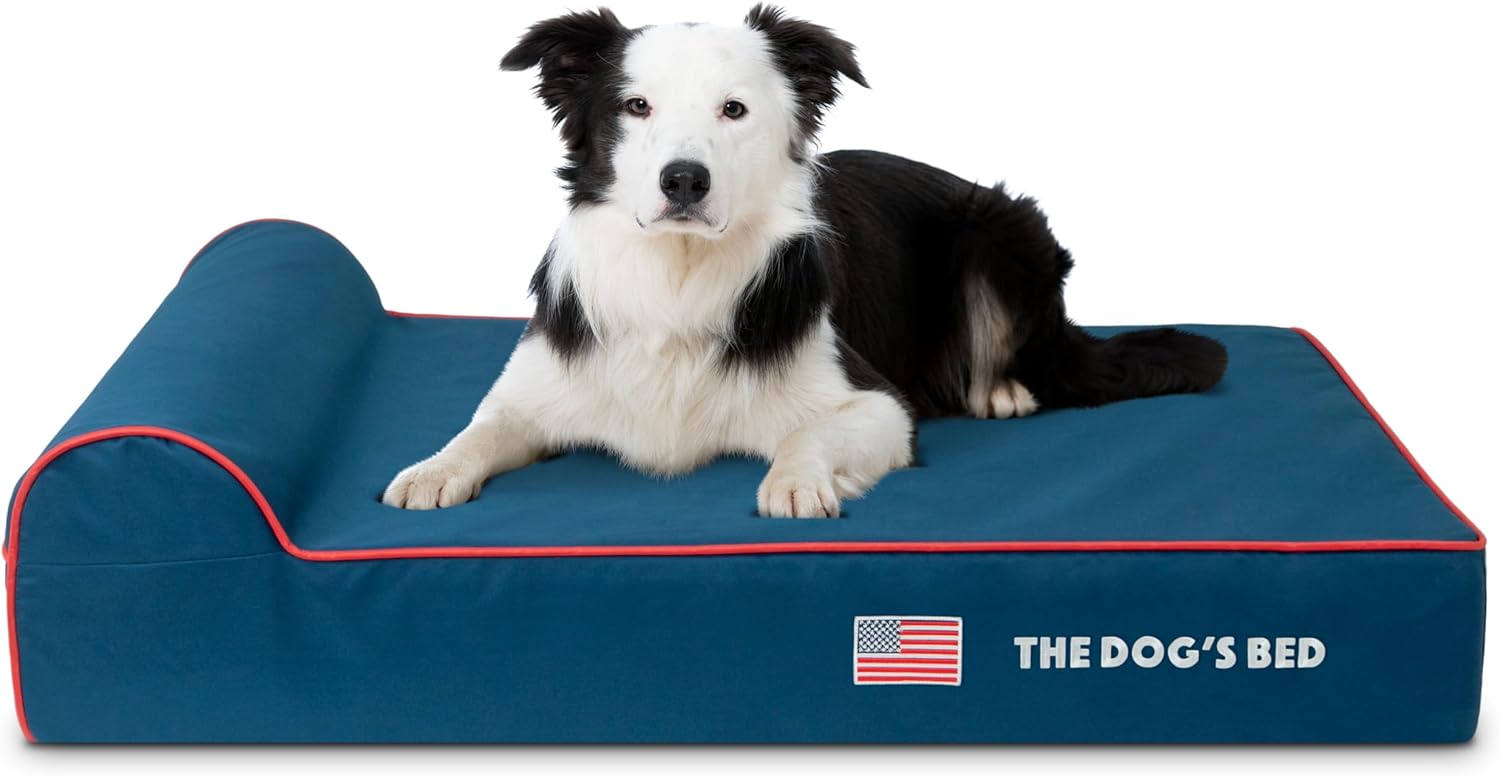 The Dog’s Bed Orthopedic Headrest Dog Bed Large Blue Oxford with Red Trim US Flag Dog Bed 40x25, Memory Foam, Hip & Elbow Dysplasia, Lameness, Veterinary Approved, Waterproof Washable Cover - Pet Explorer
