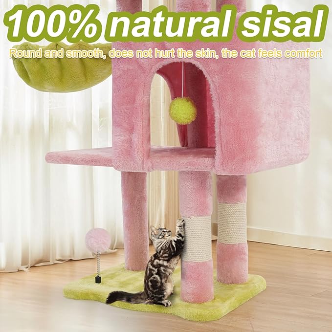 Cat Tree Tower with Metal Frame Hammock, 41'' Cat Trees for Indoor Cats Large Adult, Cat Towers with Scratching Post, Cats Condo furniture with Pink Flower Perch, Cats Climbing Tower for Kittens(Pink)