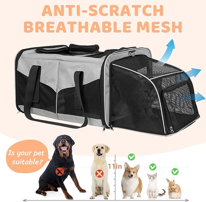 Large Cat Carrier for 2 Cats, Expandable Cat Carrier with Litter Box, Pet Carrier for Car Travel Built-in Removable Divider, Foldable Soft Cat Crate with Breathable Mesh with Breathable Mesh, Grey