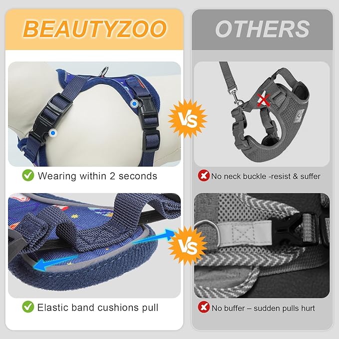 BEAUTYZOO Escape Proof Cat Harness and Leash for Walking, Soft Adjustable Cute Vest for Small to Large Cats, Reflective Breathable Easy-Control Outdoor Jacket, Kitten Harness and Leash Set, Blue, S