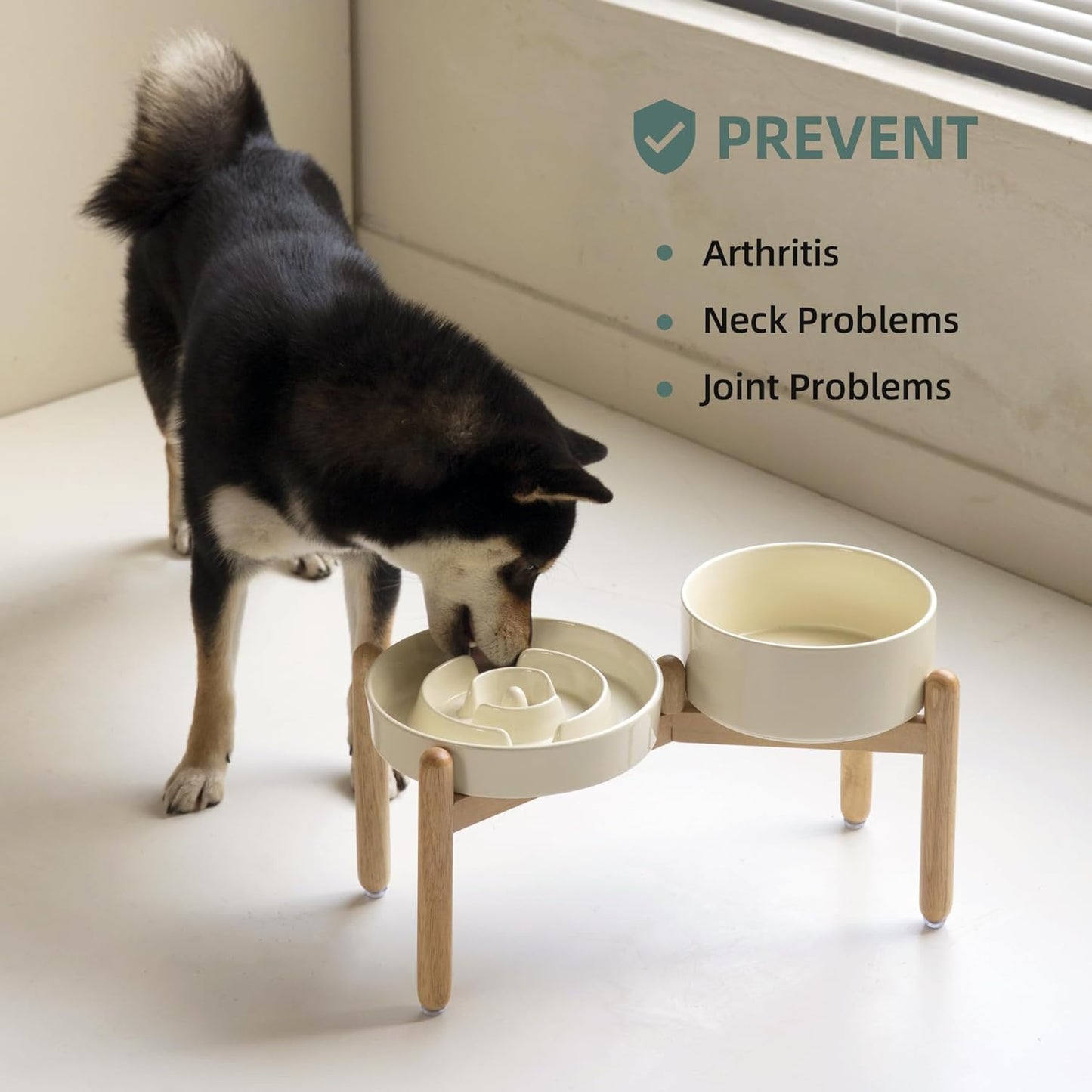 Ceramic Raised Slow Feeder Dog Bowl Set, Elevated 7.3inch Bowl and 8.2inch Puzzle Slow Dish with Wooden Stand for Medium and Large Dog, Anti-Gulping (2X Beige+ Stand) - Pet Explorer