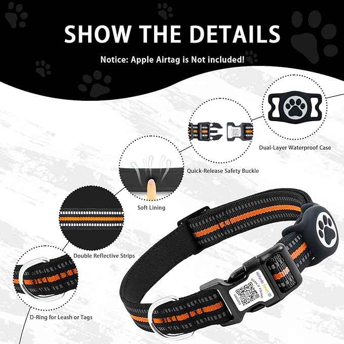 Airtag Dog Collar with QR Code Tag - Reflective Adjustable Nylon Collar, Quick Release Buckle for Small Medium Large Dogs, Comfortable Padded Lining (Orange, M)