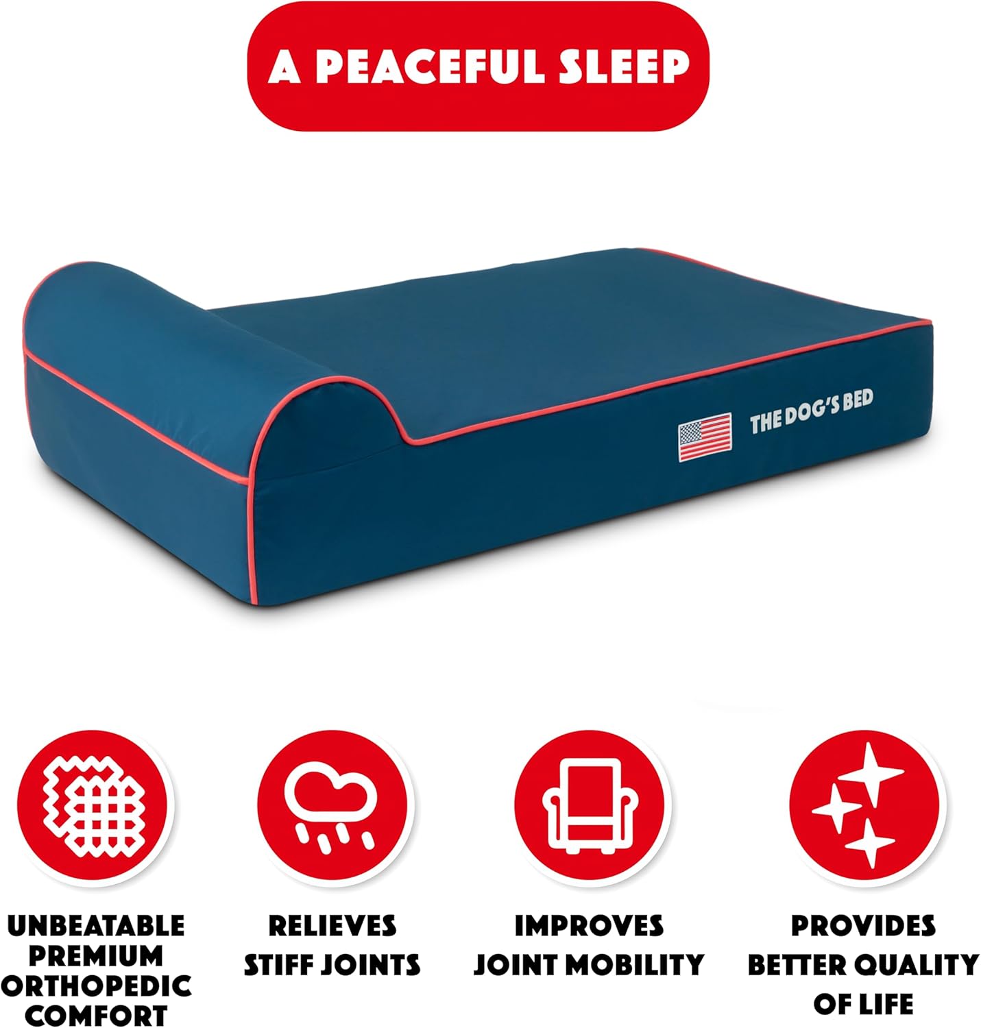 The Dog’s Bed Orthopedic Headrest Dog Bed Large Blue Oxford with Red Trim US Flag Dog Bed 40x25, Memory Foam, Hip & Elbow Dysplasia, Lameness, Veterinary Approved, Waterproof Washable Cover - Pet Explorer