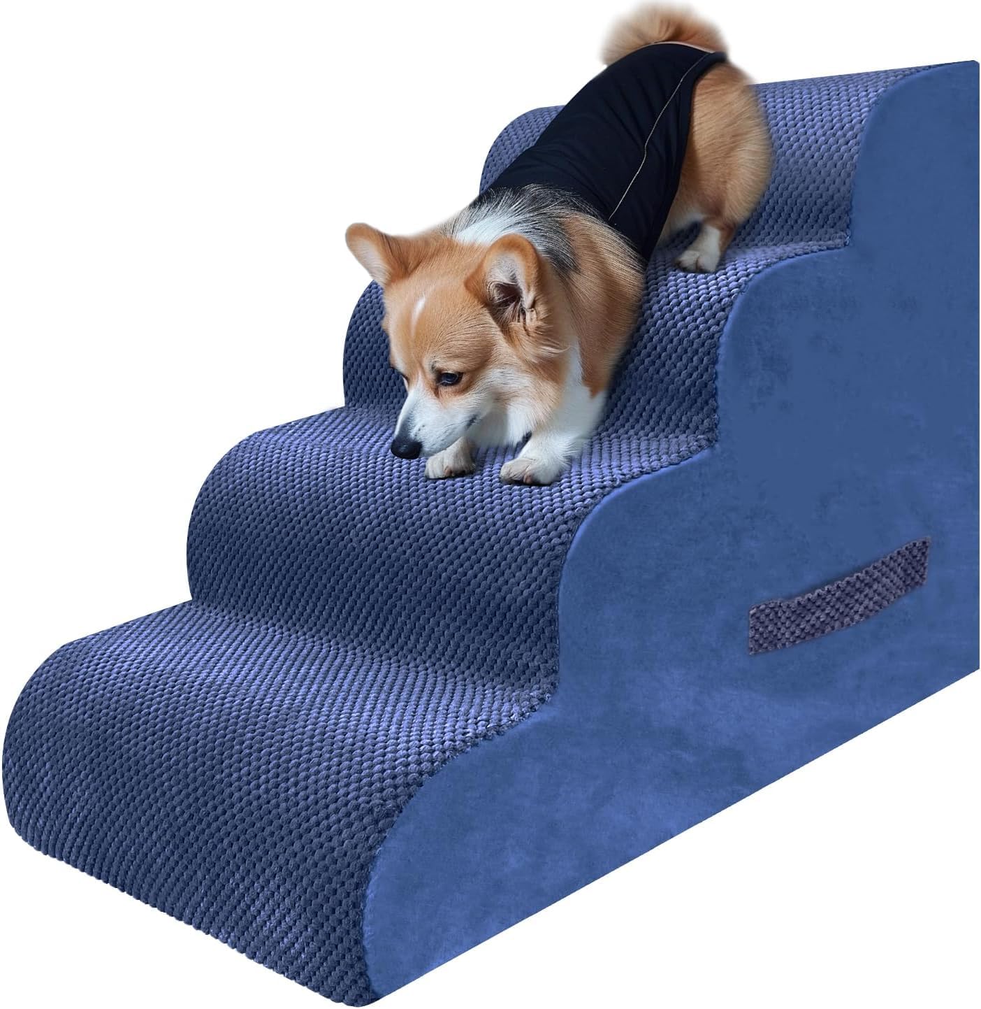 PAWSCART Dog Stairs for Small Dogs and Cats, 4-Step Dog Steps for Bed, 19.6" H Pet Stairs for High Bed, Pet Ramp for Couch, Sofa, Non-Slip Surface Removable Washable Cover, Blue - Pet Explorer