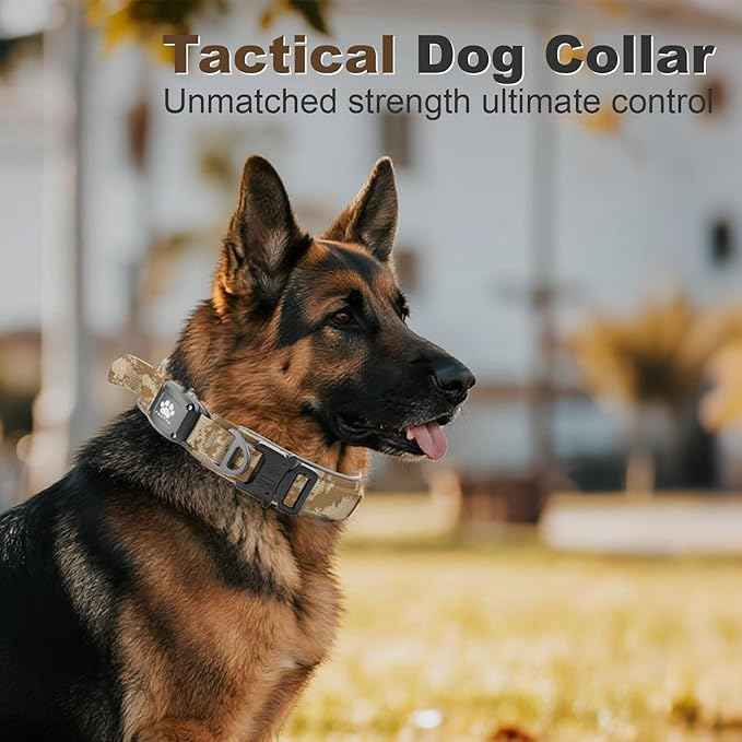 2026 Upgrade Dog Collar with IPX8 Waterproof AirTag Holder,Military Tactical Handle and Ultra-Durable Metal Buckle/Night Reflective,GPS Collar for Medium to Large Dogs (Camouflage Khaki/L)