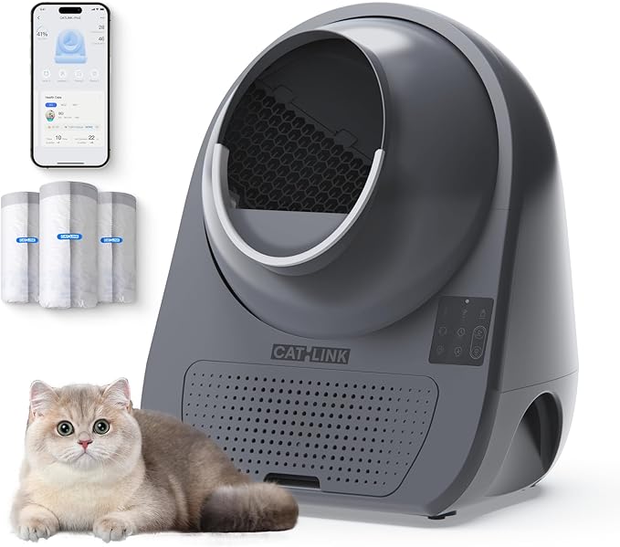 CATLINK Self-Cleaning Automatic Cat Litter Box, Gray - Robot Litter Box with Health Monitoring, Multi-Cat Households, Safe Anti-Pinch, Odor-Free/APP Control/Large Capacity/60 Liners, 1-Year Warranty