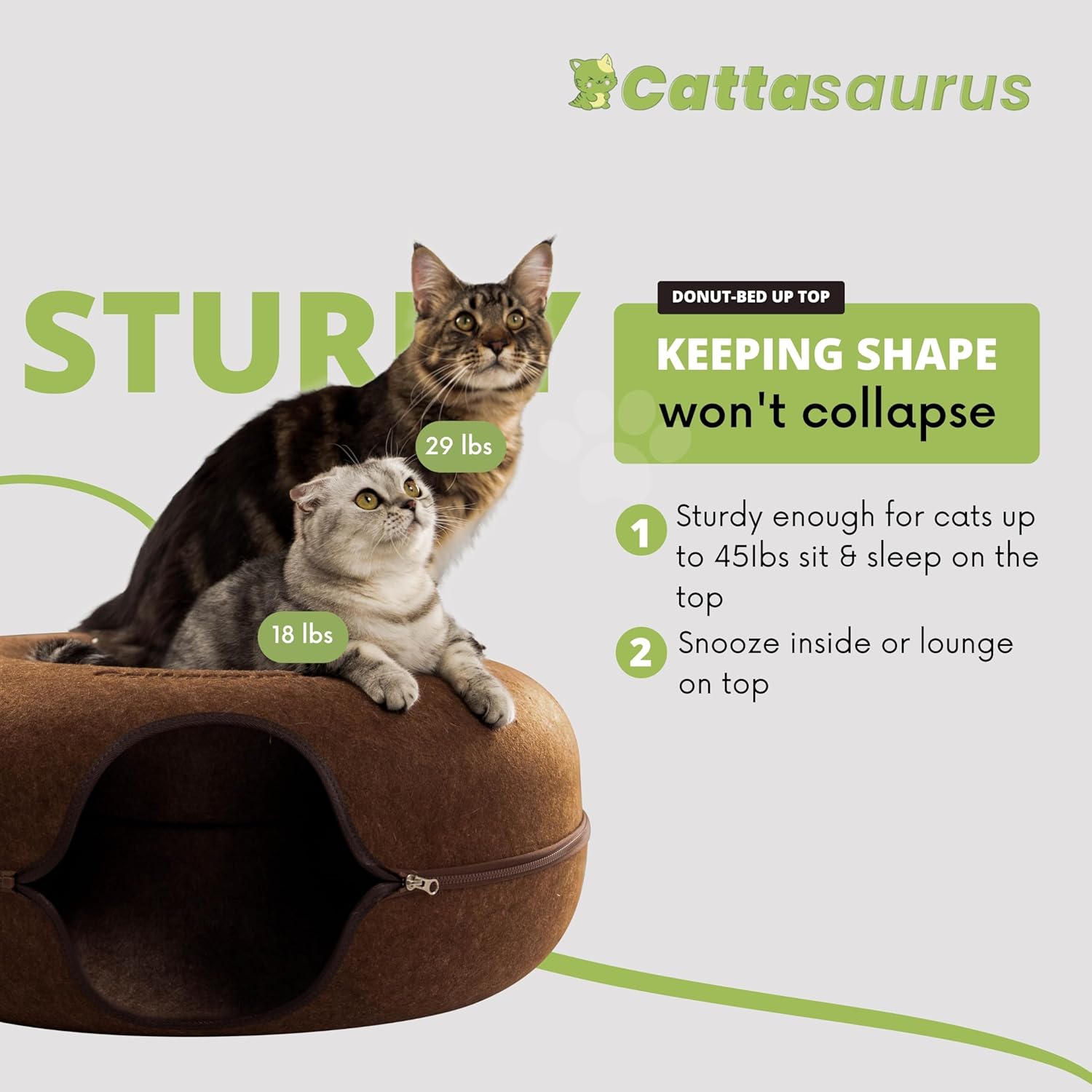 Cattasaurus Peekaboo Cat Cave for Multiple & Large Cats Up to 30-45 Lbs, Scratch Detachable & Washable Tunnel Bed, Comfy Donut Cat Cave (Brown, Jumbo) - Pet Explorer