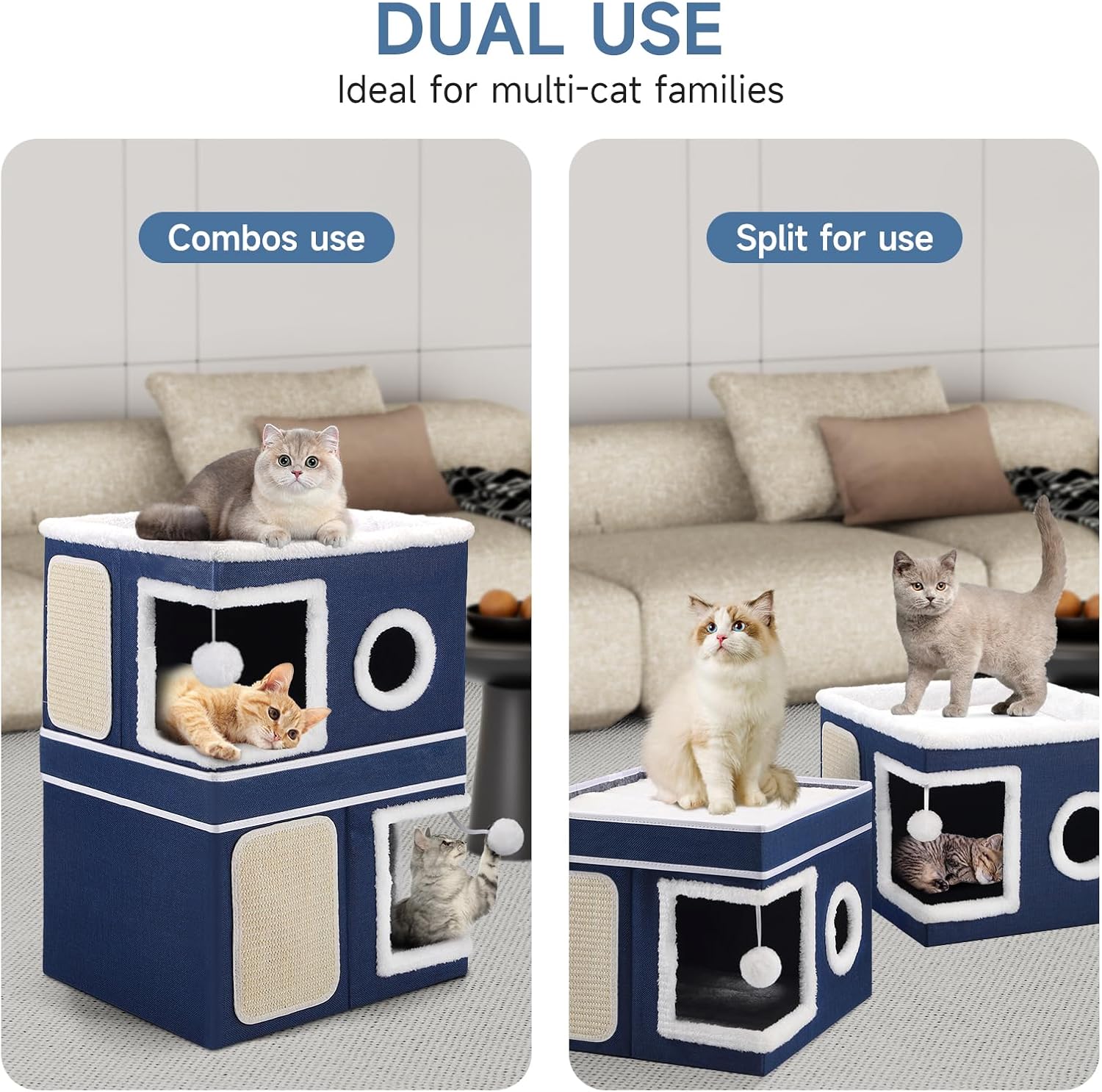 2-Storey Cat House for Indoor Cats, Large Double Cat Bed Cave with Hideaway Condos, Scratch Pads, Hanging Balls, Foldable Indoor Cat House Hold Up to 30LBS, Cat Cube for Multiple Cats Kitten, Blue - Pet Explorer