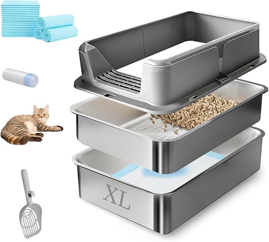 24" x 16" x 12" Stainless Steel Sifting Litter Box with Lid, Extra Large Metal Sifting Cat Litter Box for Pine Pellet, High Sides Metal Litter Box System for Big Cats, Anti-Leakage(Grey)