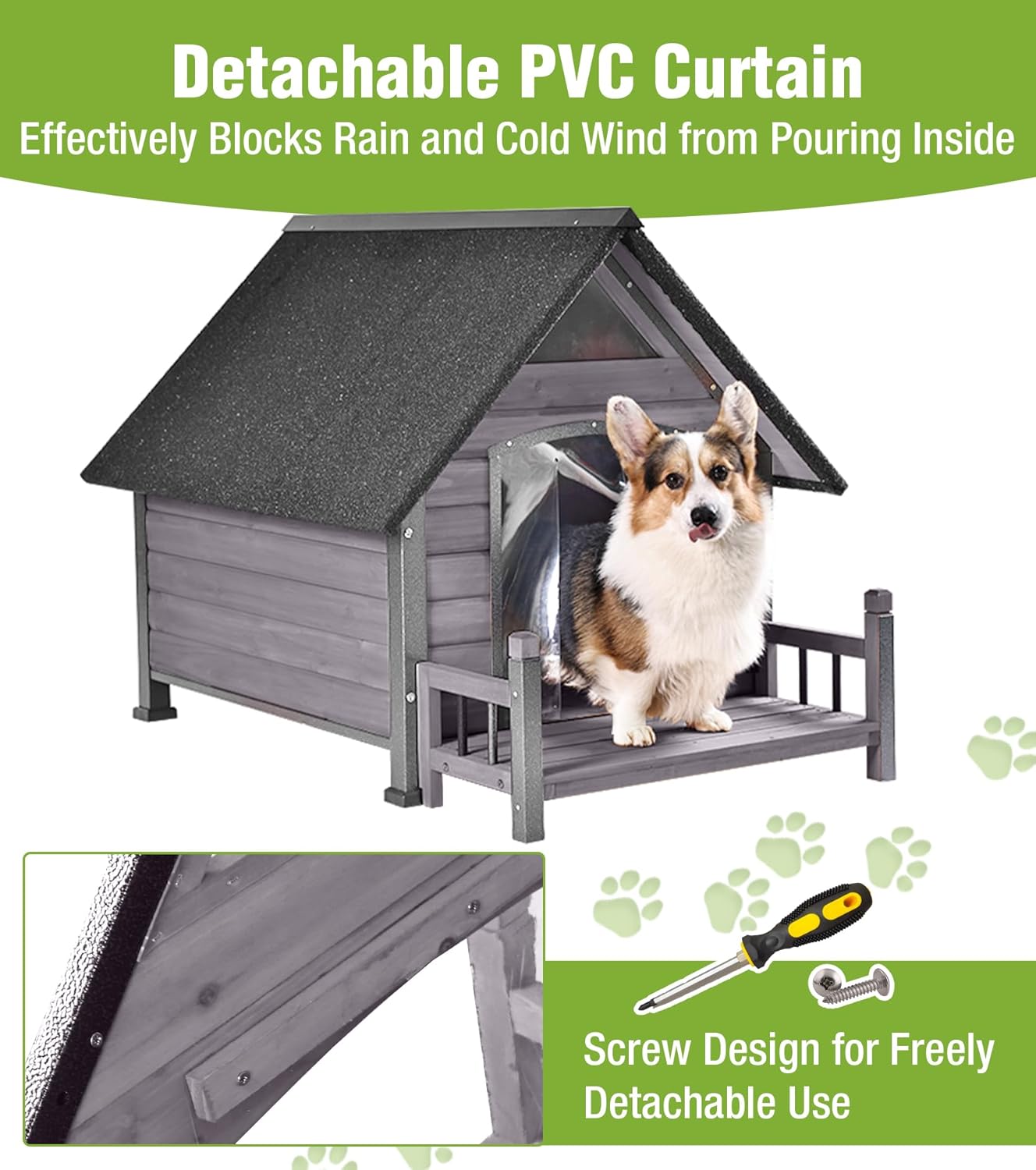 GUTINNEEN Dog House Outdoor Weatherproof with Porch, Puppy Shelter Indoor with Anti-Bite Design, PVC Curtain, Asphalt Roof, Elevated Waterproof Base, for Small to Medium Dogs - Grey - Pet Explorer