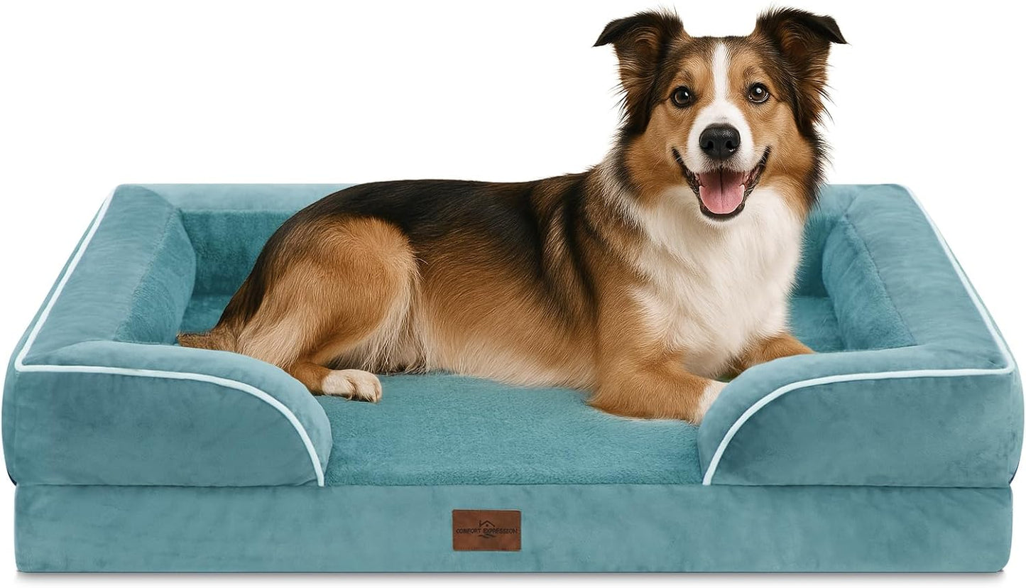 Comfort Expression Large Dog Beds Waterproof Orthopedic Foam Dog Sofa Beds Comfy Pet Bed with Washable Removable Cover & Non-Slip Bottom(Large,Washed Blue) - Pet Explorer
