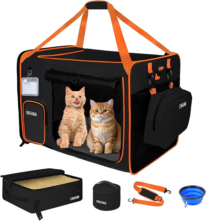 Petskd Extra Large Cat Carrier with Litter Box for Car Travel,24"x17"x17"Portable Soft-Sided Pet Carrier with Zipper Locks for Large Mudium Cats or 2 Small Cats Under 55LBS(Black)