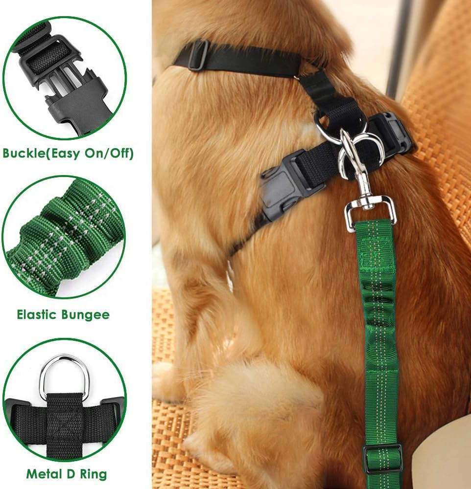 Lukovee Dog Seat Belt for Car, Adjustable Dog Car Harness for Large Medium Small Dogs, Soft Padded & Breathable Mesh Dog Seatbelt with Car Vehicle Connector Strap (Green,Large) - Pet Explorer