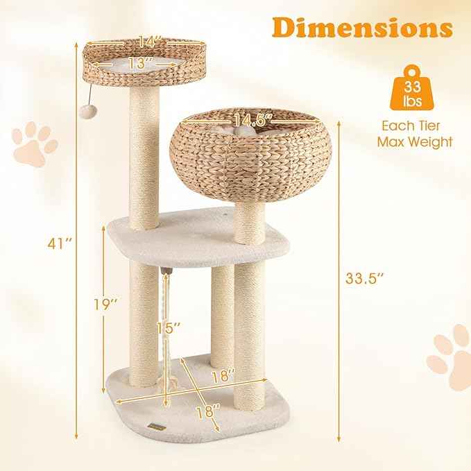 PETSITE 41 Inch Modern Cat Tree for Indoor Cats, Multi-Level Cute Cat Tree with Scratching Posts, Hand-Made Wicker Cat Condo & Top Perch, Dangling Ball, and Sisal Rope, Beige